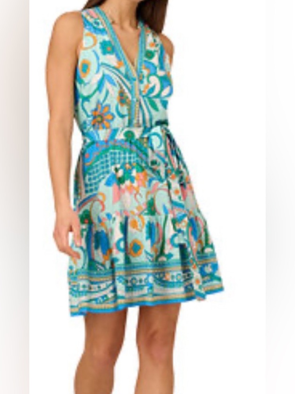 Adrianna  Papell Aqua Floral Print V-Neck Sleeveless Dress